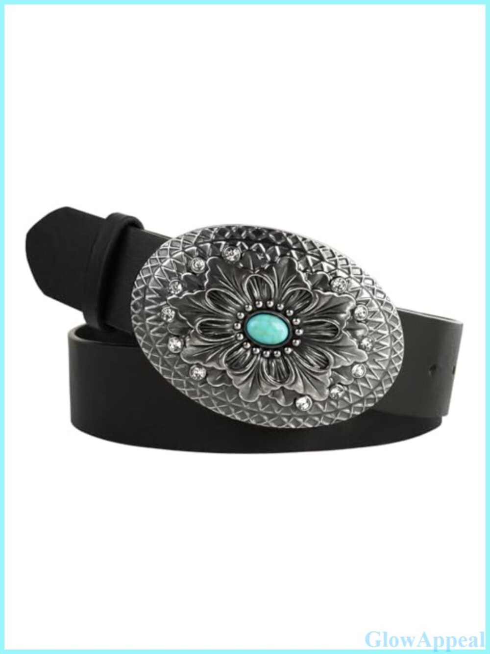 Western Belt Vegan Leather Rhinestone Turquoise Buckle Cowgirl